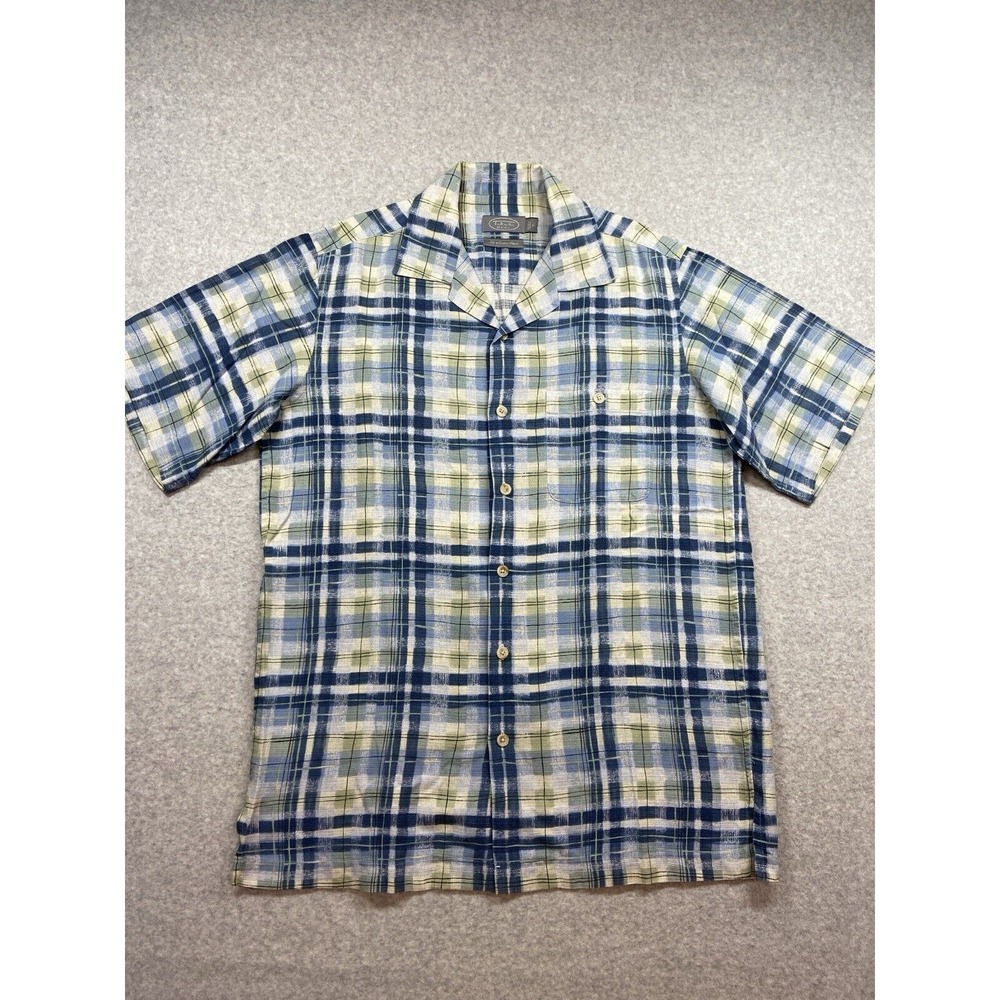 Talbots Mens Shirt Small‎ Blue Plaid Silk Cotton Short Sleeve Casual Comfort